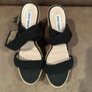 Steve Madden Black Braided Ankle Wrap Wedges 9
